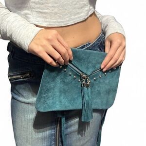 Borse In Pelle Italian Teal Suede Pouch Clutch Crossbody Small Bag with Tassels